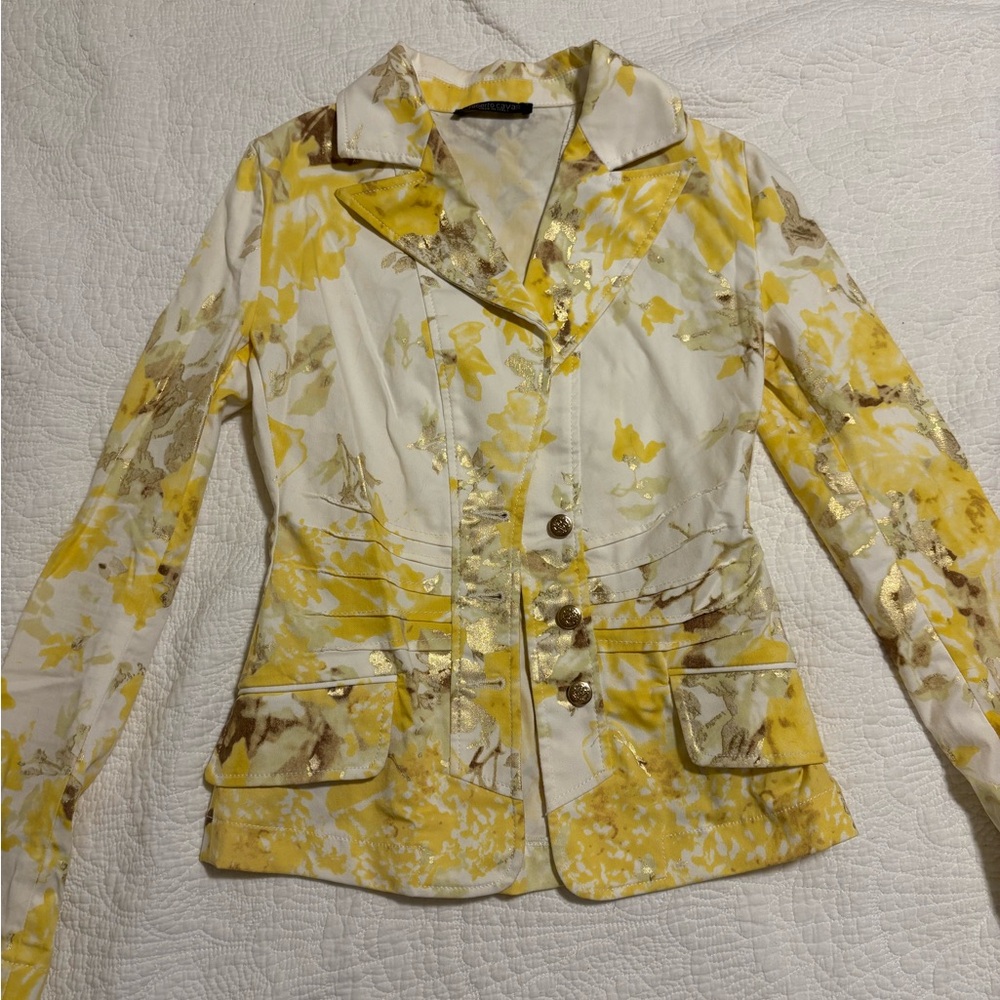 Roberto Cavalli Yellow and Gold Foil Floral Denim Blazer